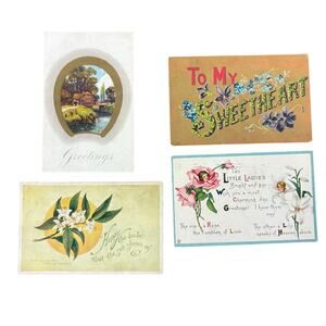 Antique Postcards Flowers Nature House Lot of 4 Early 1900s Embossed Gilt